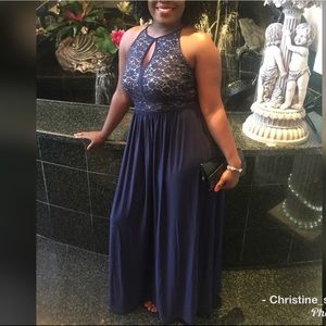 r & m richards sleeveless halter neck lace evening gown